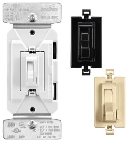 Eaton Wiring Devices TAL06P1-C4-K-L Toggle Dimmer, 120 V, CFL, Halogen, LED Lamp, 3-Way, Black/Ivory/White