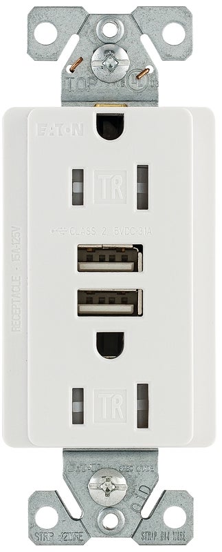 EATON TR7765W-KB-L USB Combination Receptacle, 2 -Pole, 15 A at 125 VAC, 3.6 A at 5 VDC, 125 VAC, 5 VDC, 2 -USB Port