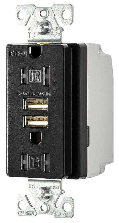 Eaton TR7755BK-BOX USB Charger, 2-Pole, 15 A, 125 VAC, 2-USB Port, NEMA: NEMA 5-15R, Black