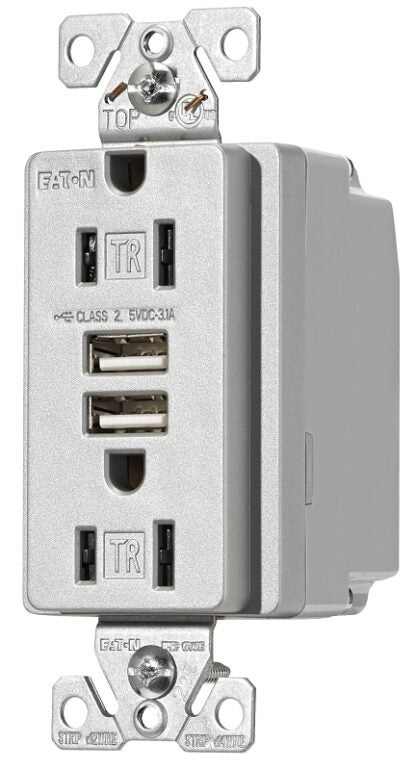 Eaton TR7765SG-KB-L USB Combination Receptacle, Silver Granite, 2-Pole, 15 A at 125 VAC, 3.6 A at 5 VDC