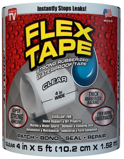 Flex Tape TFSCLRC0405 Tape, 5 ft L, 4 in W, Rubber Backing, Clear