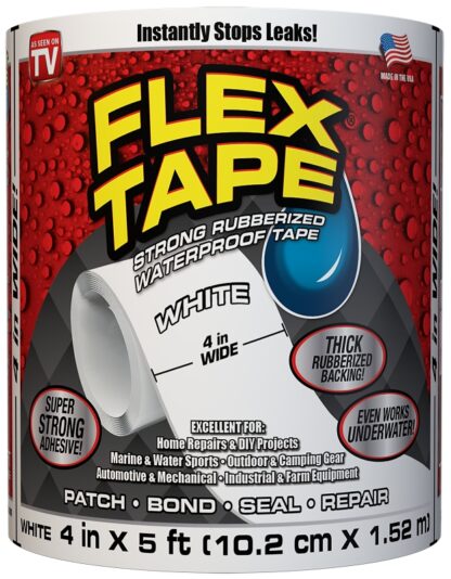 Flex Tape TFSWHTC0405 Tape, 5 ft L, 4 in W, Rubber Backing, White