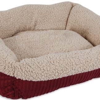 Aspenpet 80135 Pet Lounger, 19-1/2 in L, 19-1/2 in W, Oval, Lambs Wool/Corduroy Cover, Cream/Red