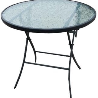 Seasonal Trends 50632 Patio Table, 32 in W, 31-1/2 in D, Steel Frame, Round Table, Glass/Steel Table, Matte Black Table