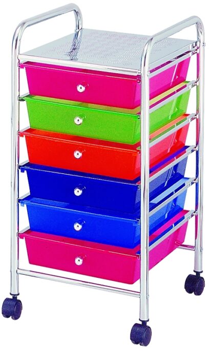 Simple Spaces G006-CH Storage Cart, 13 in OAW, 26 in OAH, 15-3/8 in OAL, 6-Shelf, Blue/Green/Orange/Pink Shelf