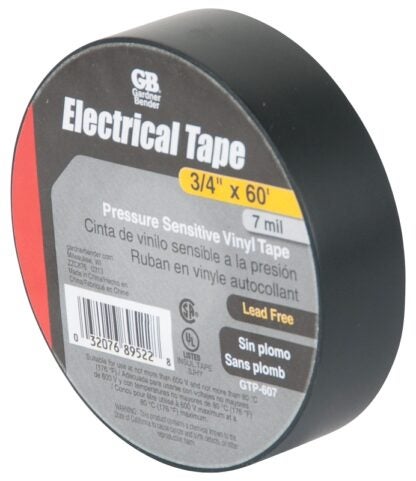 GB GTP-607 Electrical Tape, 60 ft L, 3/4 in W, PVC Backing, Black Sells in Quantity of 10