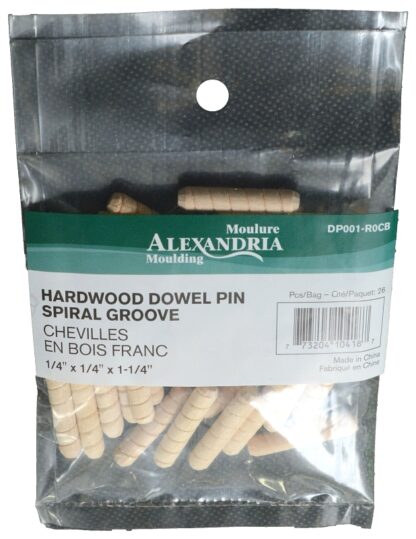 ALEXANDRIA Moulding DP001-R0CB Spiral Groove Dowel Pin, 1/4 in Dia, 1-1/4 in L, Wood Sells in Quantity of 10