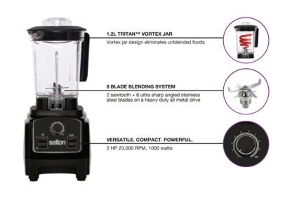 Salton BL1638BL Compact Power Blender, 1.2 L Bowl, 1000 W, 50-Speed, Glass, Black