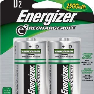 Energizer NH50BP-2 Rechargeable Battery, 1.2 V Battery, 2500 mAh, D Battery, Nickel-Metal Hydride, Green/Silver