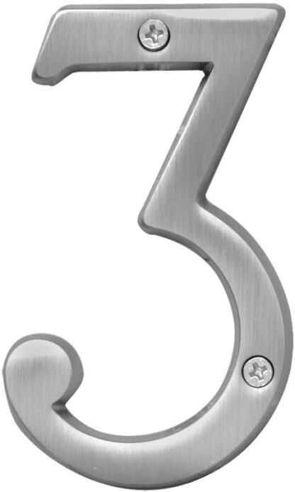 Hy-Ko Prestige Series BR-43SN/3 House Number, Character: 3, 4 in H Character, Nickel Character, Brass Sells in Quantity of 3