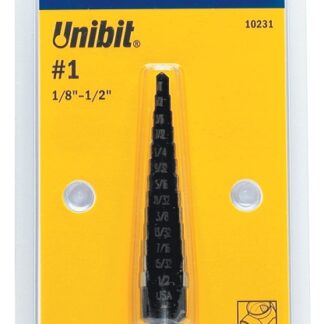 Irwin Unibit 10231 Step Drill Bit, 1/8 to 1/2 in Dia, 1-Flute, 1/4 in Dia Shank, Hex Shank