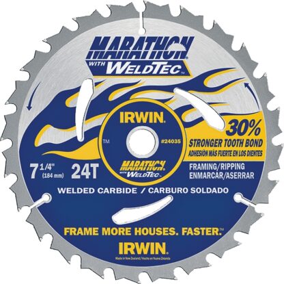 Irwin 24035 Circular Saw Blade, 7-1/4 in Dia, 5/8 in Arbor, 24-Teeth, Carbide Cutting Edge, Applicable Materials: Wood Sells in Quantity of 10