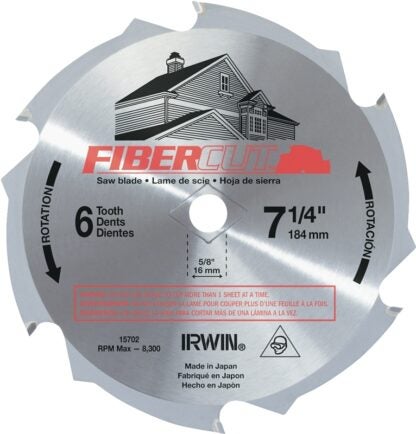 IRWIN 15702ZR Circular Saw Blade, 7-1/4 in Dia, 5/8 in Arbor, 6-Teeth, Carbide Cutting Edge