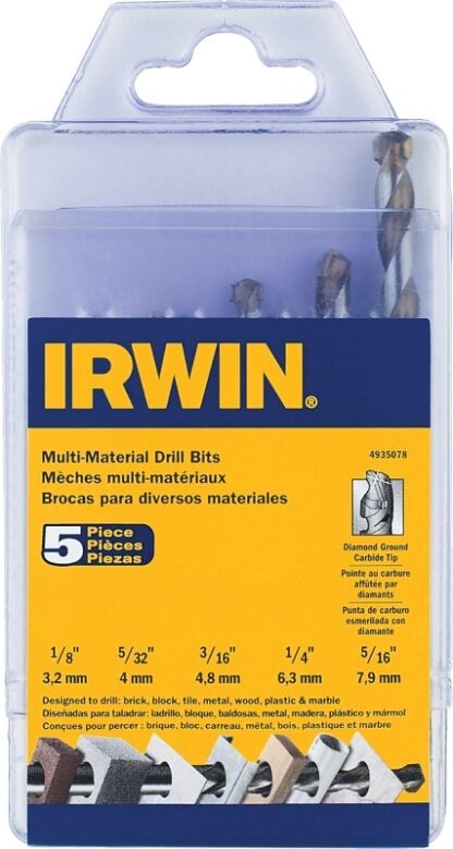 IRWIN 4935078 Drill Bit Set, Multi-Material, 5-Piece, Steel, Uncoated