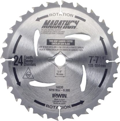 IRWIN MARATHON 14030 Circular Saw Blade, 7-1/4 in Dia, 5/8 in Arbor, 24-Teeth, Carbide Cutting Edge