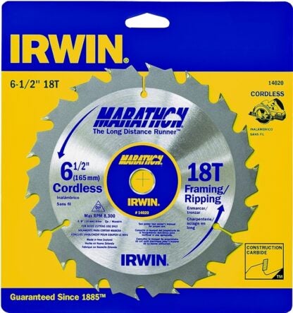 IRWIN MARATHON 14020 Circular Saw Blade, 6-1/2 in Dia, 5/8 in Arbor, 18-Teeth, Carbide Cutting Edge