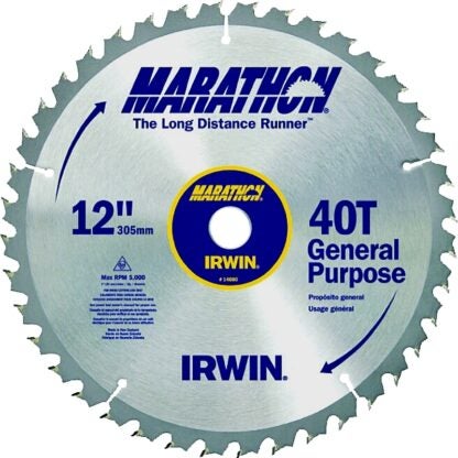 IRWIN MARATHON 14080 Table Saw Blade, 12 in Dia, 1 in Arbor, 40-Teeth, Carbide Cutting Edge