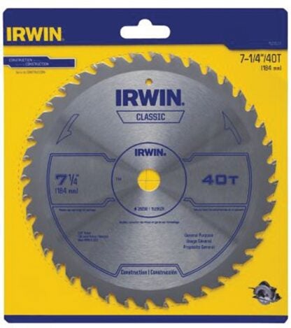 IRWIN 15230ZR Circular Saw Blade, 7-1/4 in Dia, 5/8 in Arbor, 40-Teeth, Carbide Cutting Edge