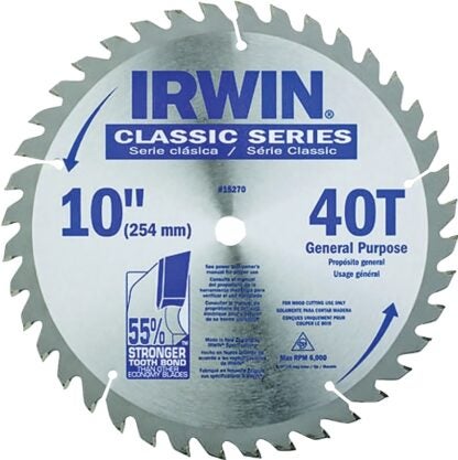 IRWIN 15270 Circular Saw Blade, 10 in Dia, 5/8 in Arbor, 40-Teeth, Carbide Cutting Edge