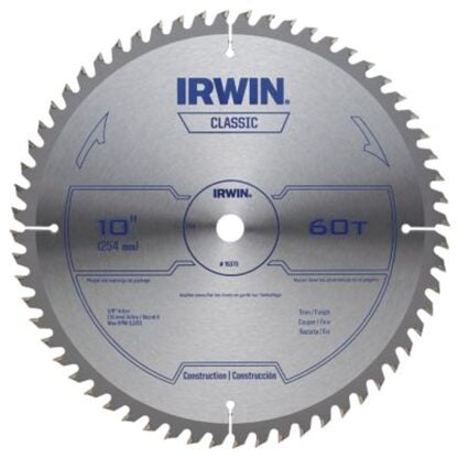 IRWIN 15370 Circular Saw Blade, 10 in Dia, 5/8 in Arbor, 60-Teeth, Carbide Cutting Edge