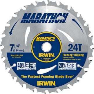 IRWIN MARATHON 24030 Circular Saw Blade, 7-1/4 in Dia, 5/8 in Arbor, 24-Teeth, Carbide Cutting Edge Sells in Quantity of 10