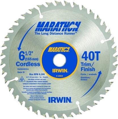 IRWIN MARATHON 14023 Circular Saw Blade, 6-1/2 in Dia, 5/8 in Arbor, 40-Teeth, Carbide Cutting Edge