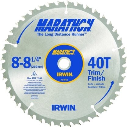 IRWIN MARATHON 14053 Table Saw Blade, 8-1/4 in Dia, 5/8 in Arbor, 40-Teeth, Carbide Cutting Edge