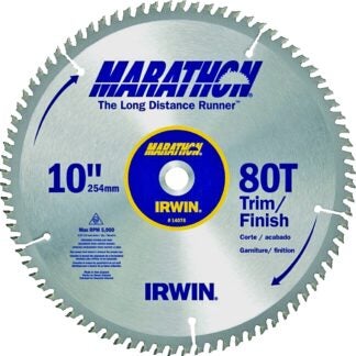 IRWIN MARATHON 14076 Table Saw Blade, 10 in Dia, 5/8 in Arbor, 80-Teeth, Carbide Cutting Edge