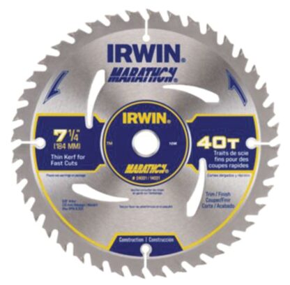 IRWIN MARATHON 14031 Circular Saw Blade, 7-1/4 in Dia, 5/8 in Arbor, 40-Teeth, Carbide Cutting Edge