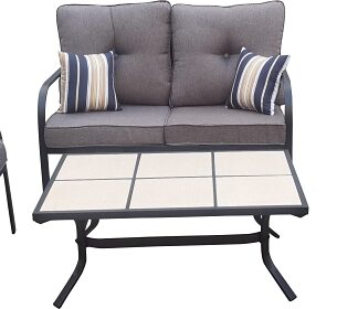 Seasonal Trends 59665 Casual Patio Conversation Set, Steel, Fabric, and Tile, Multi, Matte black, 4-Piece