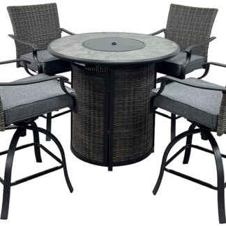 Seasonal Trends SH23S0880P Willow Creek Patio Bar Set w/Firepit Table, Cushion/Steel/Tile/Wicker, Charcoal/Gray