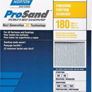 NORTON ProSand 07660768159 Sanding Sheet, 11 in L, 9 in W, Fine, 180 Grit, Aluminum Oxide Abrasive, Paper Backing