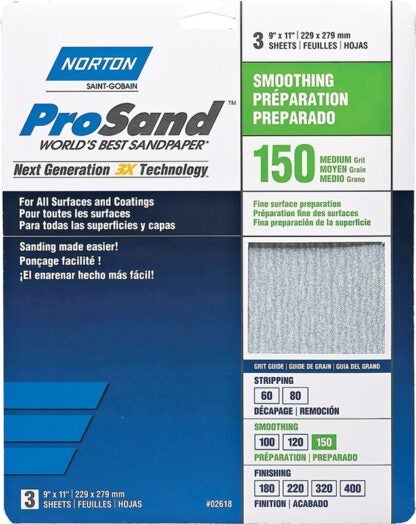 Norton 02618 Sanding Sheet, 11 in L, 9 in W, Fine, 150 Grit, Aluminum Oxide Abrasive, Fiber Backing