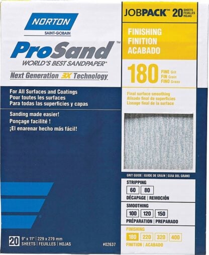 Norton 07660768168 3X High Performance Premium Sanding Sheet, 11 in x 9 in, P180 Grit, Fine Grade, Aluminum Oxide