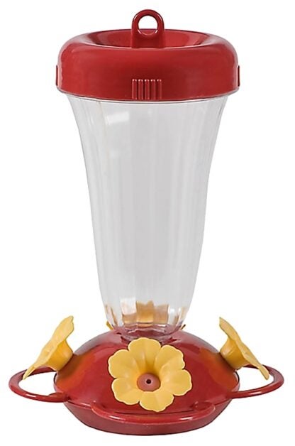 Perky-Pet 136TF Bird Feeder, Yellow Flower Top-Fill, 16 oz, Nectar, 4 -Port/Perch, Plastic, Red, 8.9 in H