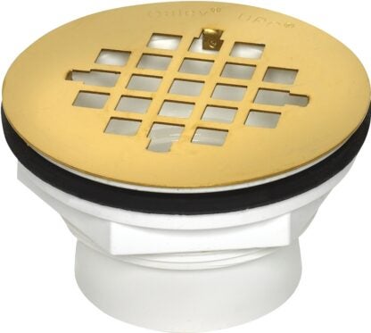 Oatey 42078 PVC Shower Drain with Polished Brass Strainer, PVC, White, For: 2 in SCH 40 DWV Pipes