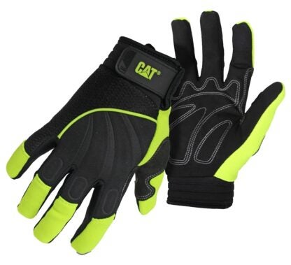 Cat CAT012224-M High-Visibility Mechanic Gloves, Men's, M, Adjustable Wrist Cuff, Synthetic Leather, Green