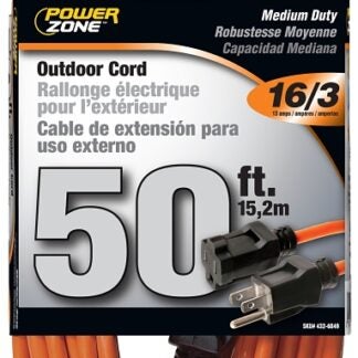 PowerZone OR501630 Extension Cord, 16 AWG Cable, 5-15P Grounded Plug, 5-15R Grounded Receptacle, 50 ft L, 125 V