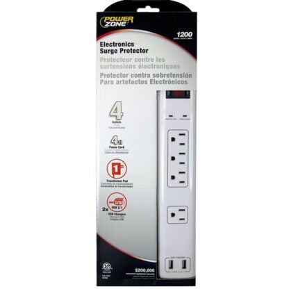 PowerZone OR505104 Surge Protector, 125 V, 15 A, 4-Outlet, 1200 Joules Energy, White