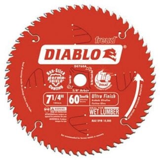 Diablo D0760A Circular Saw Blade, 7-1/4 in Dia, 5/8 in Arbor, 60-Teeth, Carbide Cutting Edge