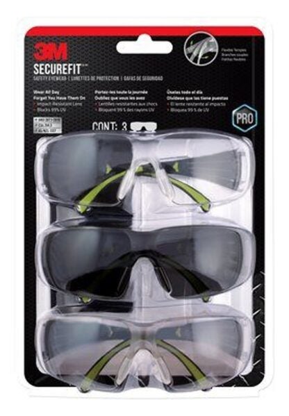 3M SF400-W-3PK Safety Eyewear, Anti-Fog, Scratch-Resistant Lens, Neon Green/Black Frame