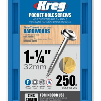 Kreg SML-F125-250 Pocket-Hole Screw, #7 Thread, 1-1/4 in L, Fine Thread, Maxi-Loc Head, Square Drive, Carbon Steel, Zinc