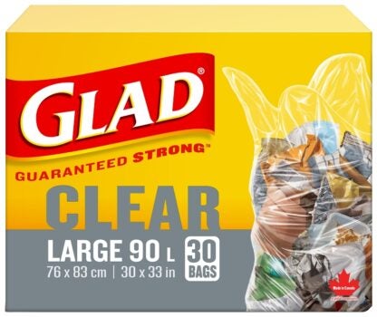 Glad 30303 Garbage Bag, L, 90 L, Clear