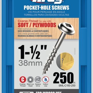 Kreg SML-C150-250 Pocket-Hole Screw, #8 Thread, 1-1/2 in L, Coarse Thread, Maxi-Loc Head, Square Drive, Carbon Steel, 250/PK