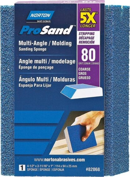 NORTON ProSand 82068 Sanding Sponge, 4-1/2 in L, 3-11/16 in W, 80 Grit, Coarse, Aluminum Oxide Abrasive