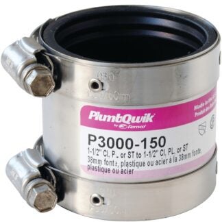 Fernco Proflex 3000 Series 3000-150 Shielded Pipe Coupling, 1-1/2 in, Stainless Steel Body, Black, 4.3 psi Pressure