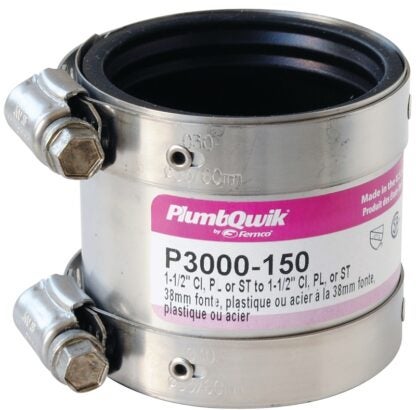 Fernco Proflex 3000 Series 3000-150 Shielded Pipe Coupling, 1-1/2 in, Stainless Steel Body, Black, 4.3 psi Pressure