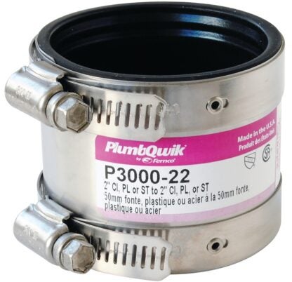 Fernco Proflex 3000 Series 3000-22 Shielded Pipe Coupling, 2 in, Stainless Steel Body, Black, 4.3 psi Pressure