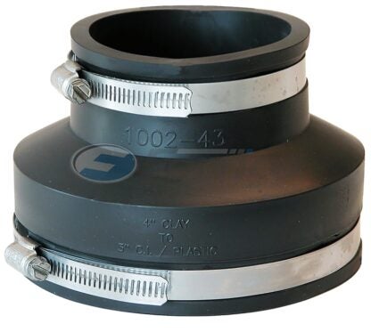 FERNCO P1002-43 Stock Coupling, 4 x 3 in, PVC, Black, 4.3 psi Pressure