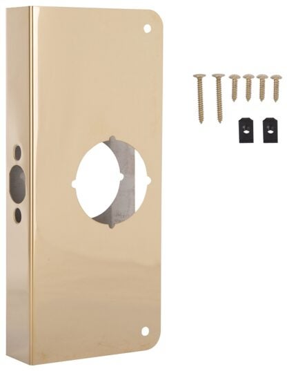 ProSource HSH-048SBP-PS Door Reinforcer, 2-3/8 in Backset, 1-3/8 in Thick Door, Steel, Brass, 9 in H, 4 in W